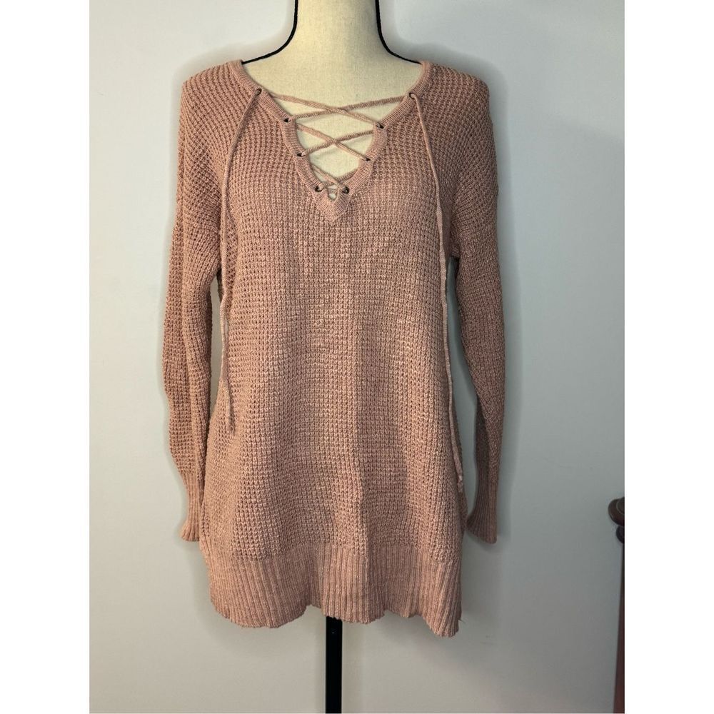 American Eagle large pink tie front knit blouse sweater top